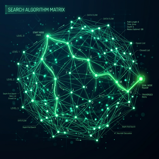 A complex structure of glowing emerald green interconnected nodes forming a search algorithm matrix on a sleek dark background